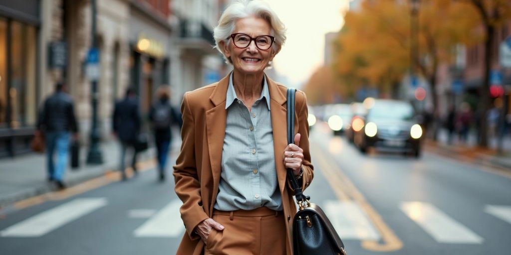 Stylish elderly woman walking in chic outfit