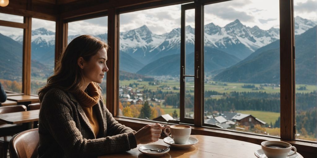 Traveler sipping coffee with mountain view