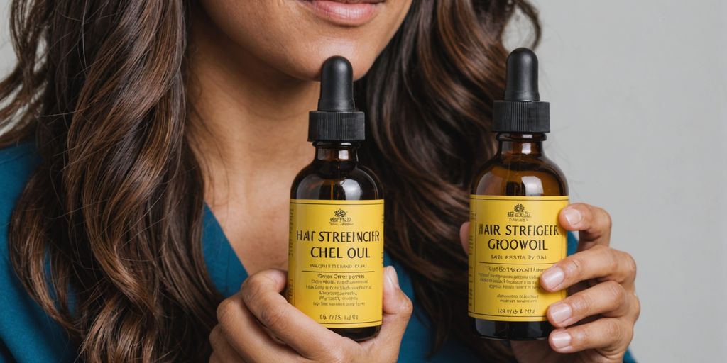 Woman holding hair strengthener and hair growth oil.