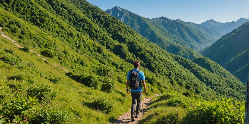 Hiker with coffee on mountain trail