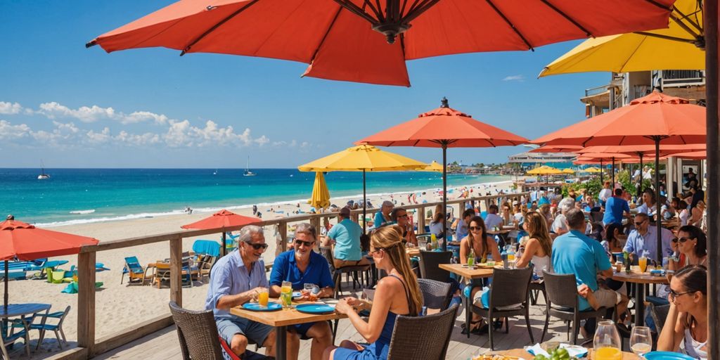 Beachfront restaurant with outdoor seating and ocean view