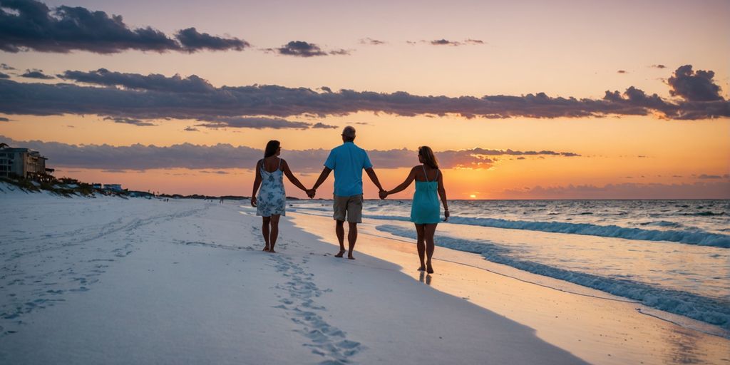 Couple walking on Fort Walton Beach at sunset