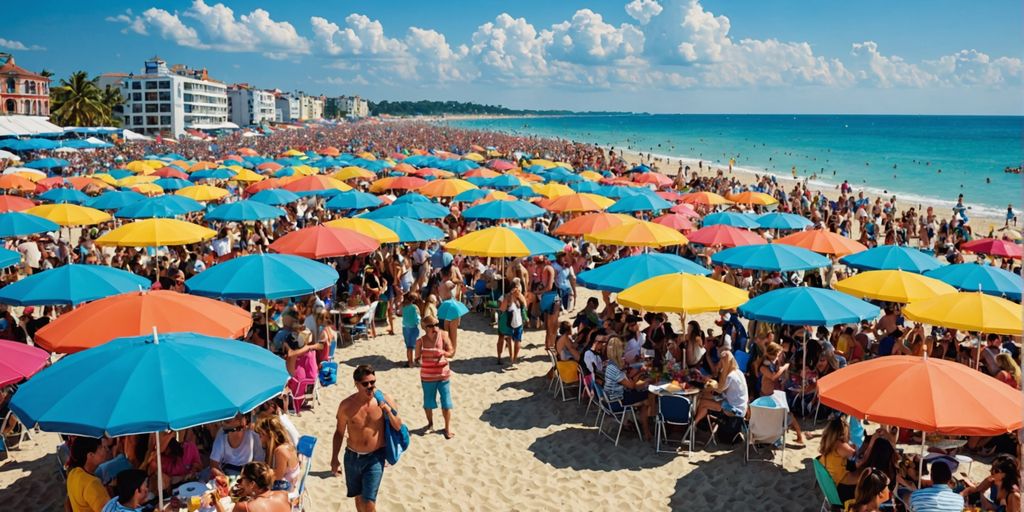 Beach scene with trendy summer outfits