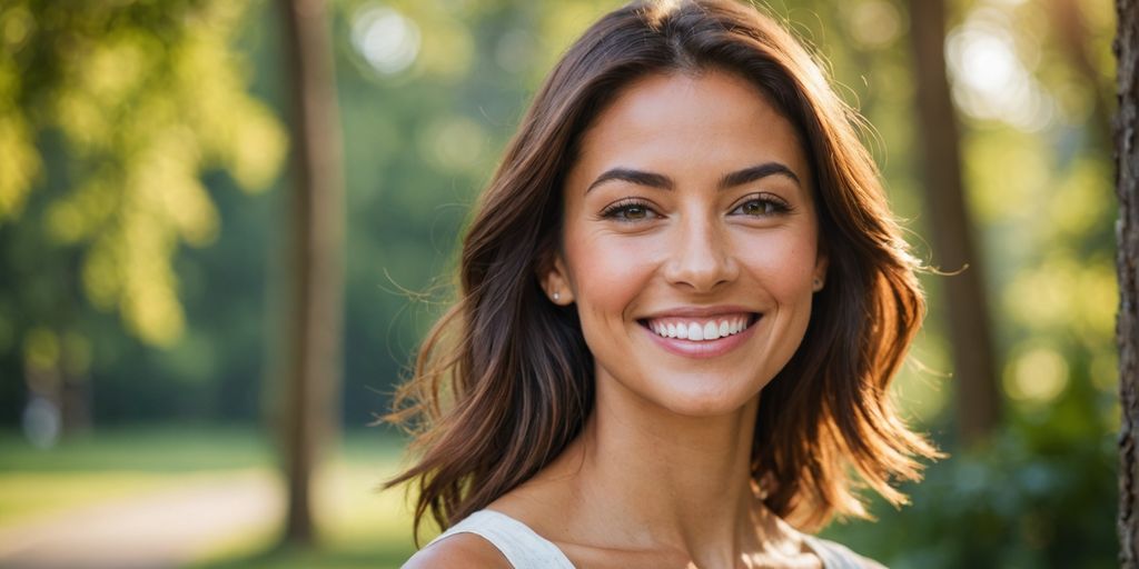 Youthful woman with glowing skin smiling confidently.