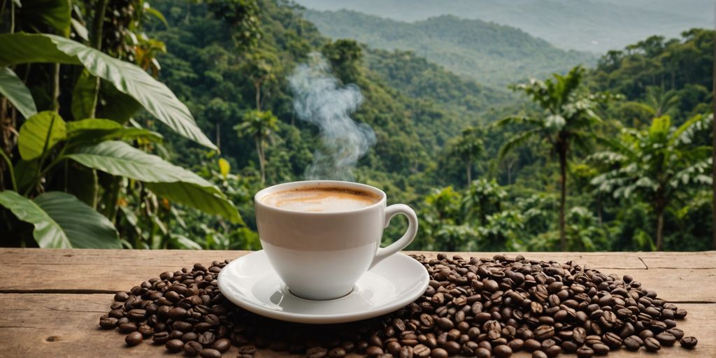 Steaming coffee cup with beans and jungle background.