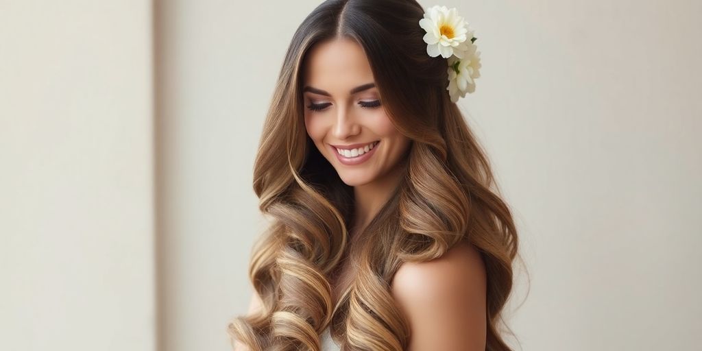 Bride with long, styled hair and floral accents.