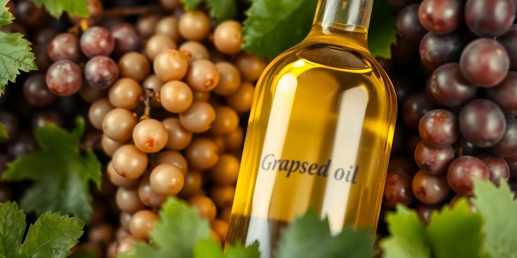 Bottle of grapeseed oil with fresh grapeseeds and leaves.