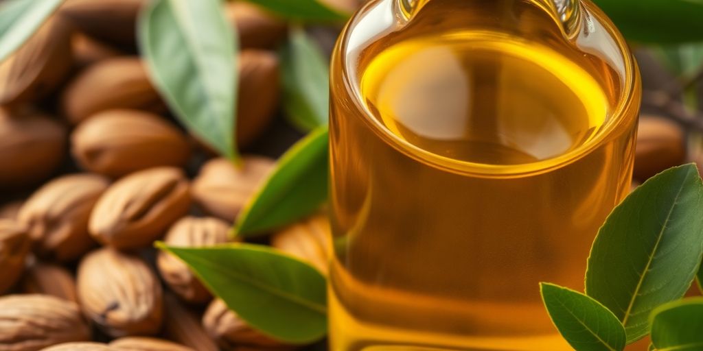 Bottle of almond oil with almonds and green leaves.