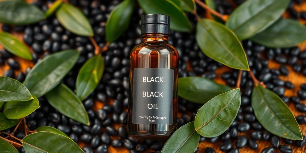 Bottle of black seed oil with seeds and leaves.