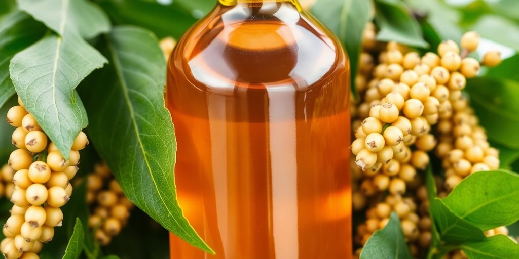 Bottle of castor oil with fresh castor beans and leaves.