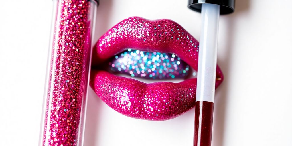 Glitter lip kit with vibrant shades and applicators.