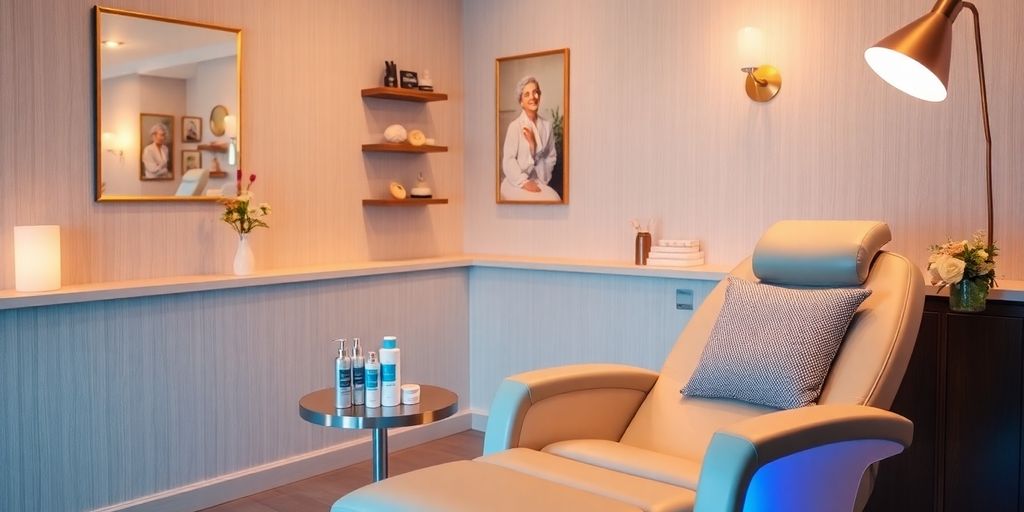 Spa treatment room with chair and skincare products.