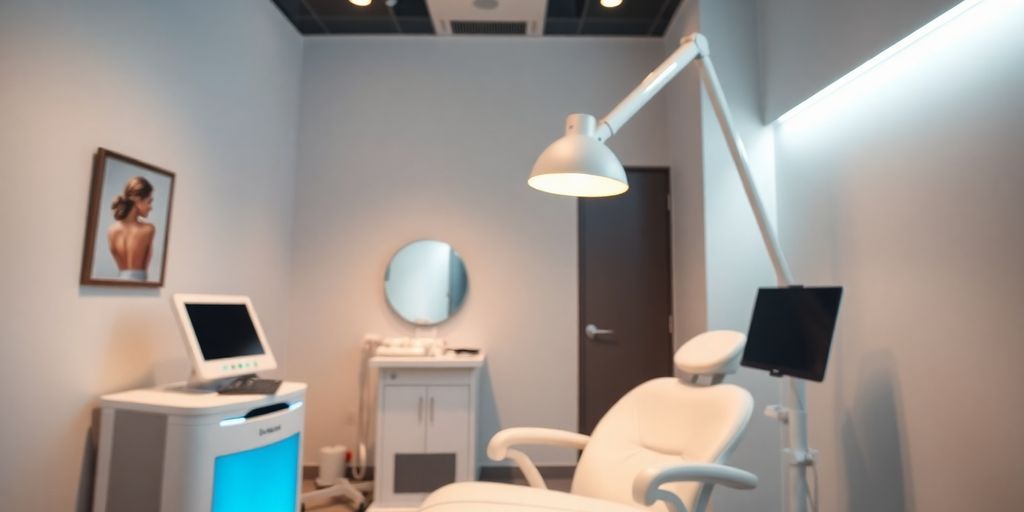 Modern laser treatment room with equipment and soft lighting.