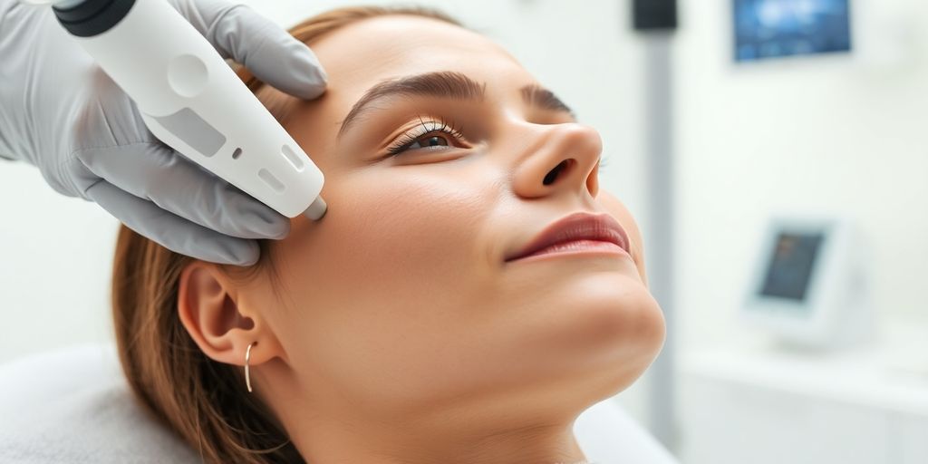 Woman enjoying a skin laser treatment in a clinic.