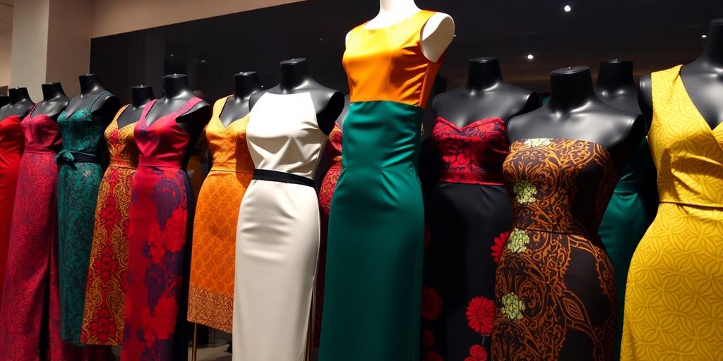 Colorful African fashion dresses on display, highlighting curves.