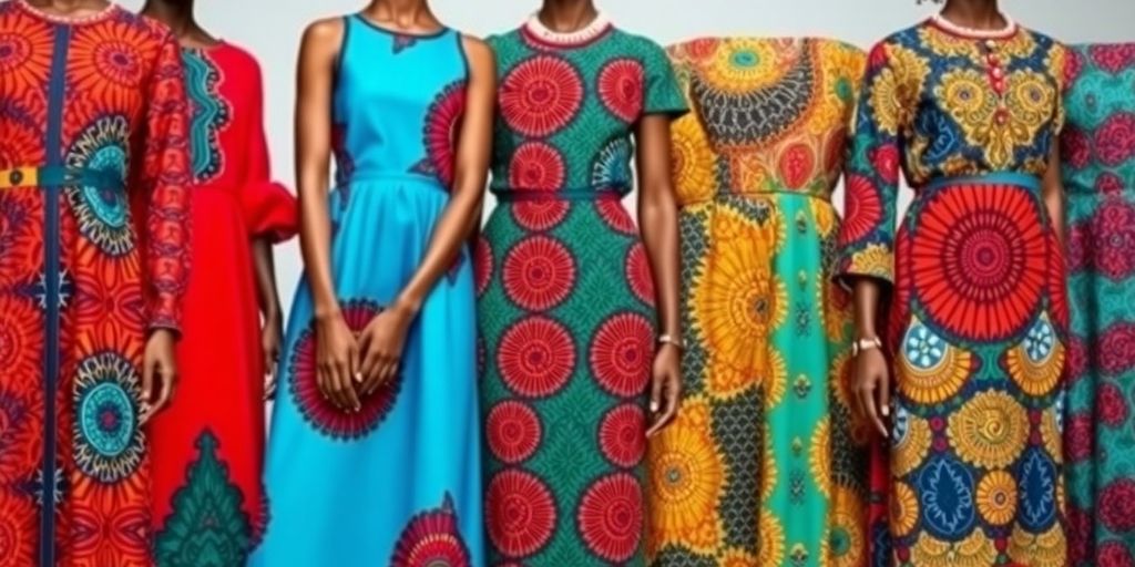 Colorful African fashion dresses with bold patterns and designs.