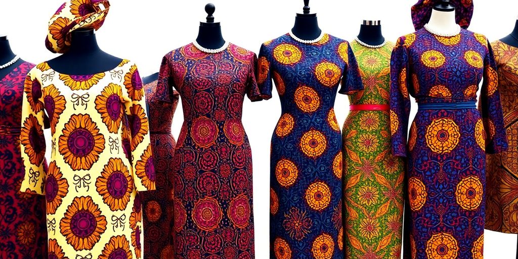 Colorful African fashion dresses on display with bold patterns.