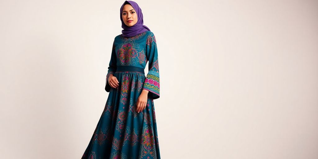 Modern abaya with patterns and stylish accessories on model.