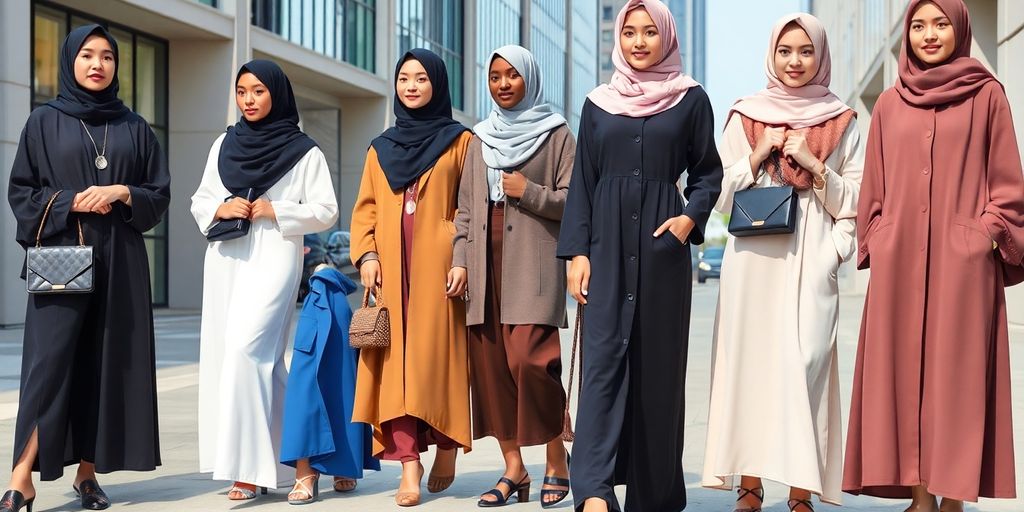 Models in modern Islamic fashion outfits in urban setting.