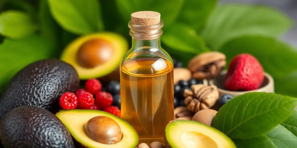 Golden hair oil with superfoods on a green background.