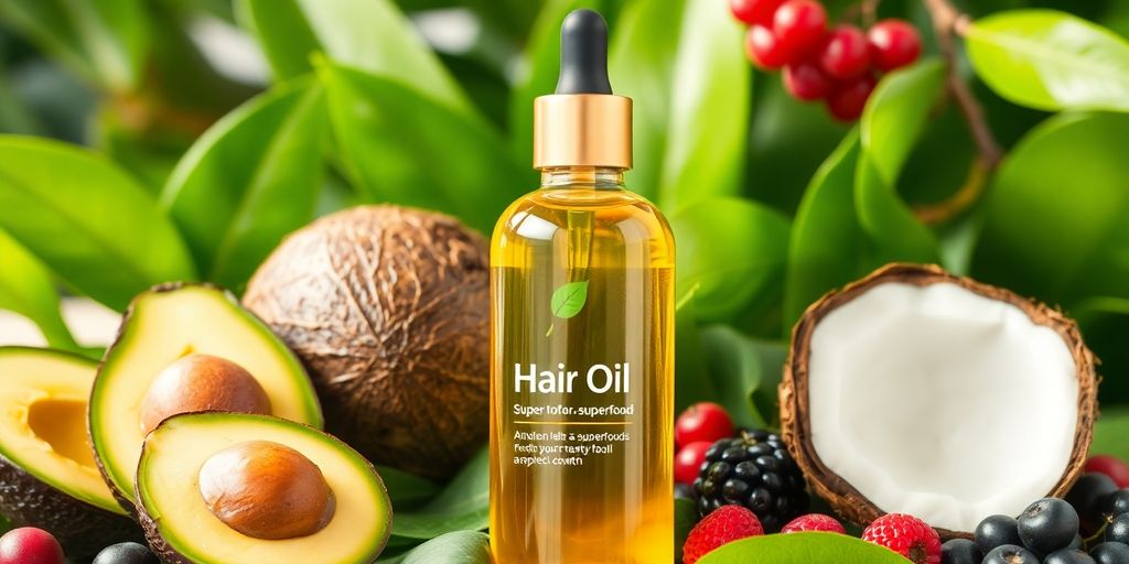 Bottle of hair oil with superfoods and green leaves.