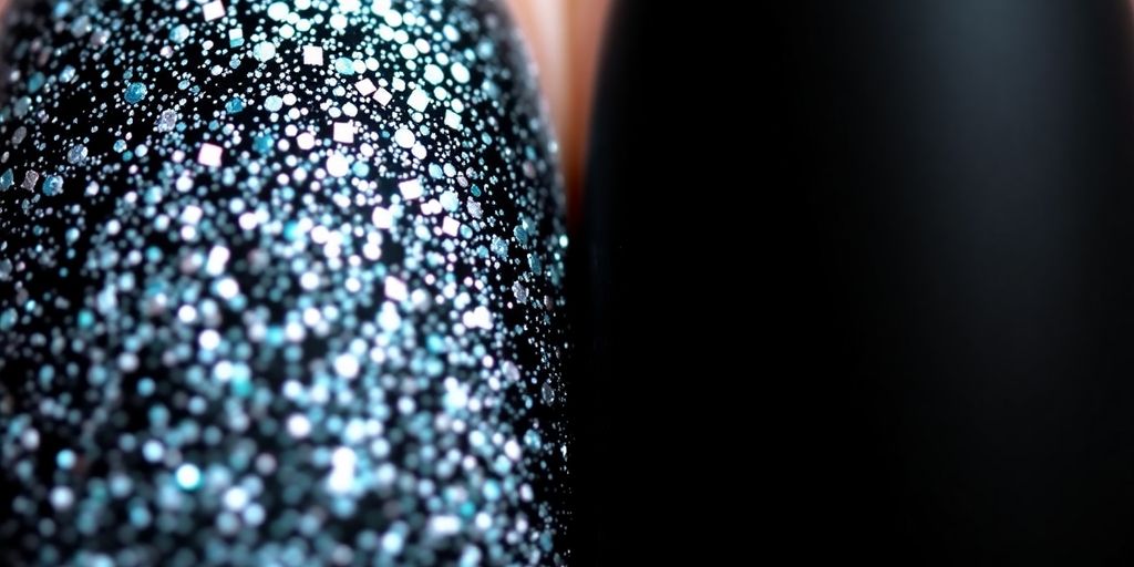 Black glitter and matte nail polish side by side.