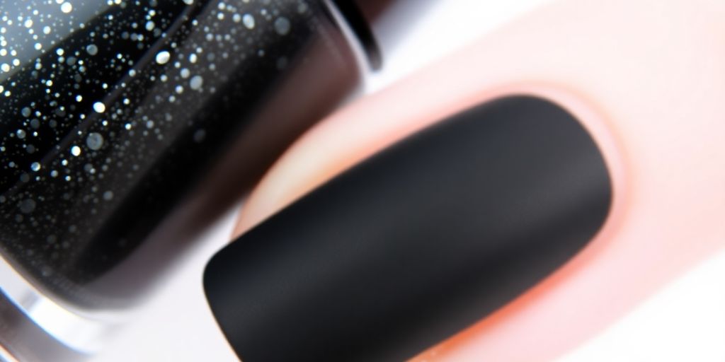 Glossy black glitter and matte black nail polish bottles.