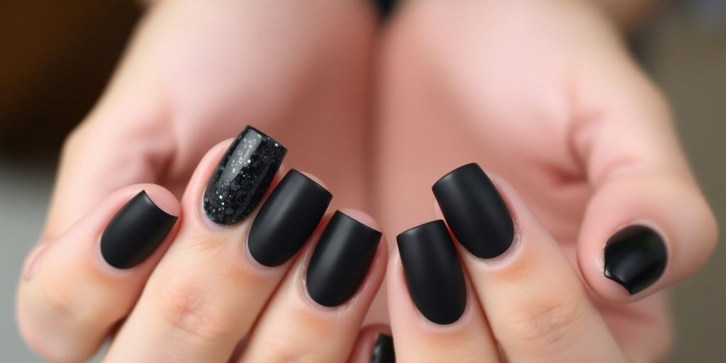 Close-up of black glitter and matte nail polish.