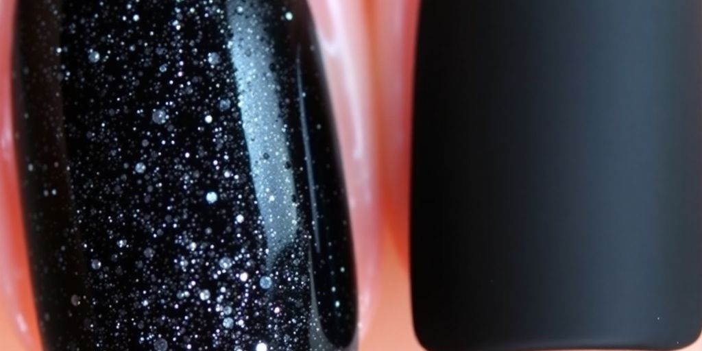 Close-up of black glitter and matte nail polishes.