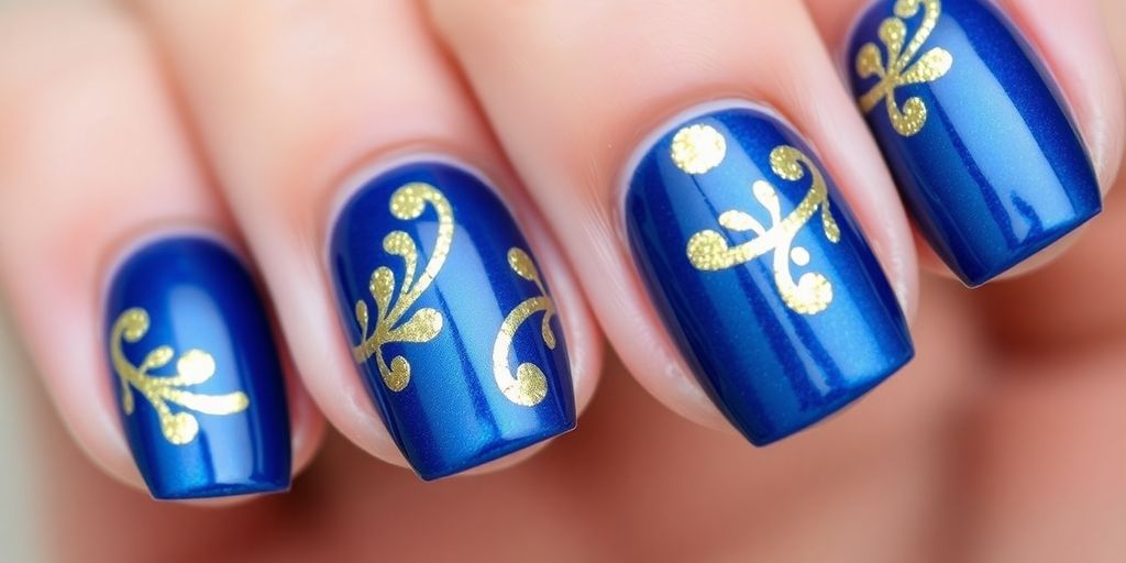 Close-up of blue and gold nail design.