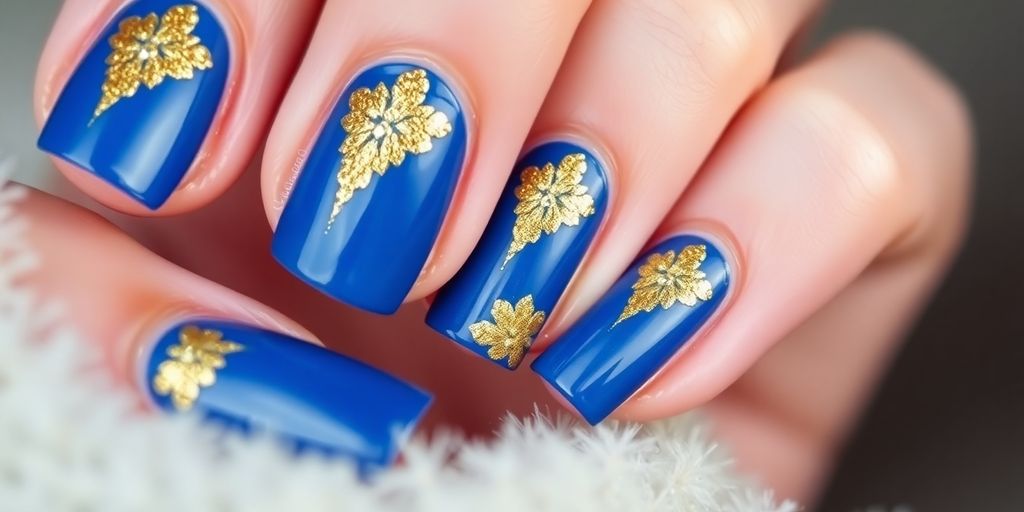 Close-up of blue and gold nail design.