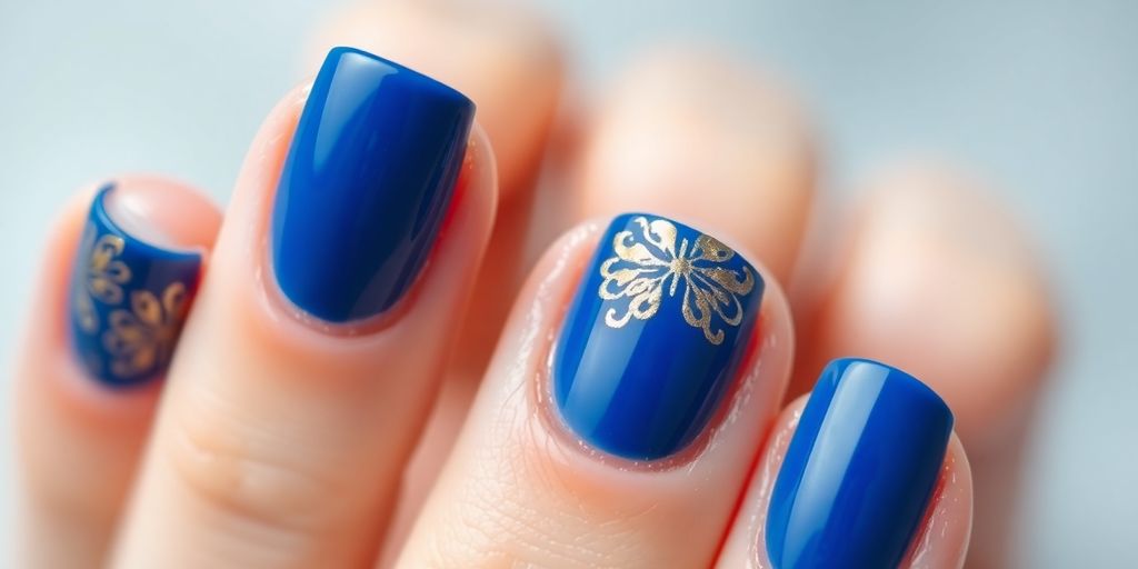 Close-up of blue and gold nail design.