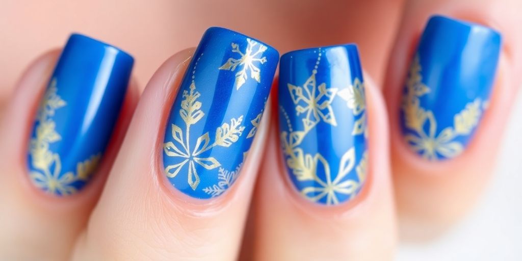 Close-up of blue and gold nail design.