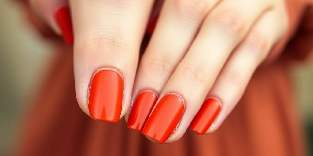 Close-up of burnt orange matte nails on hands.