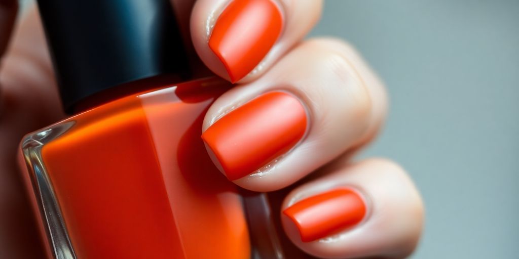 Close-up of burnt orange matte nail polish on nails.