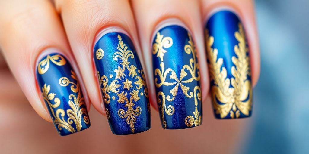 Elegant blue and gold nail designs for special occasions.