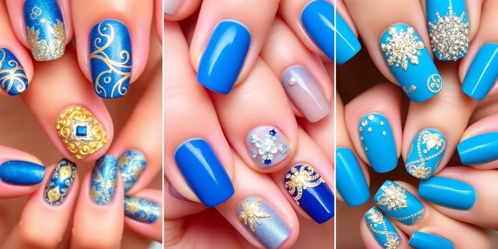 Blue and gold nail designs for special occasions.