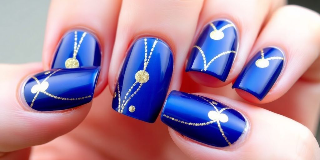 Elegant blue and gold minimalistic nail designs.