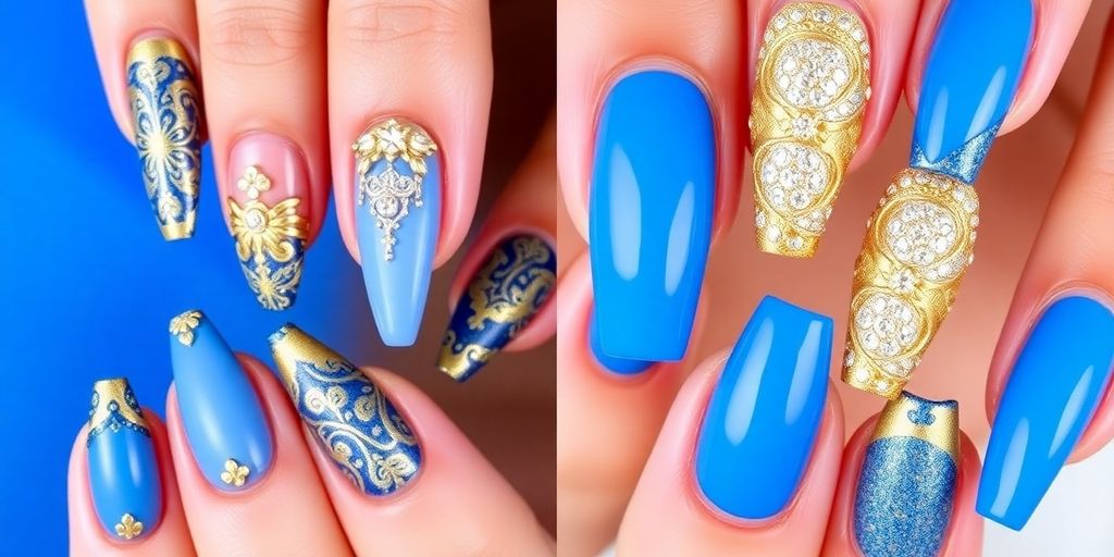 Blue and gold nail designs for special occasions.