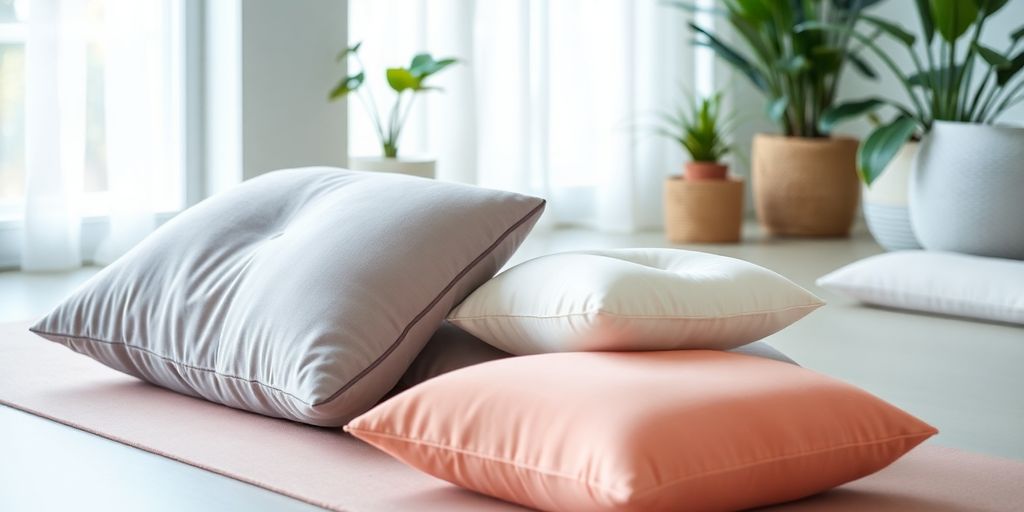 Sleep yoga pillow and traditional cushions on a mat.