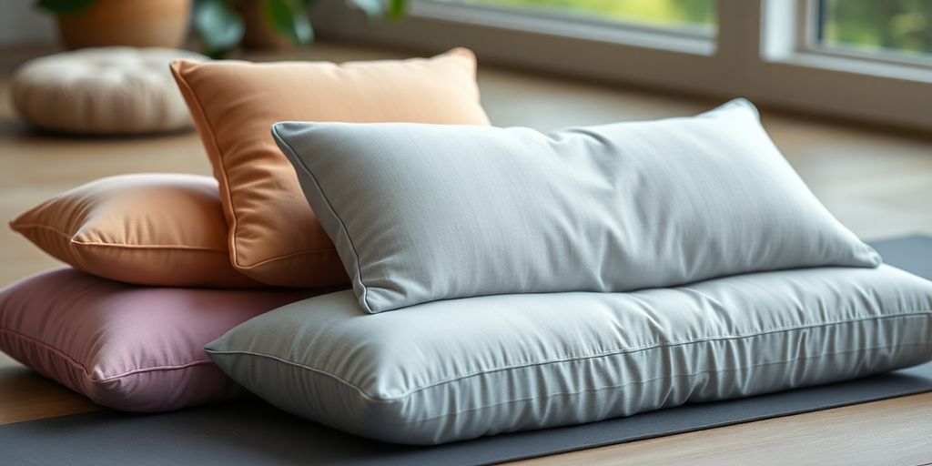 Sleep yoga pillow next to traditional yoga cushions.